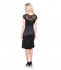 Elastic satin dress with lace trim