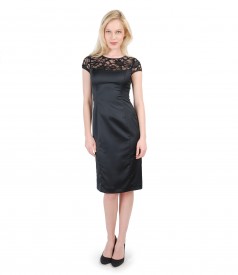 Elastic satin dress with lace trim