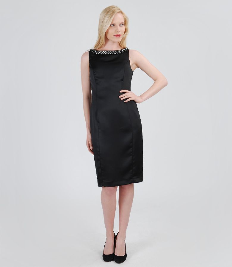 Elegant satin dress with trim black - YOKKO