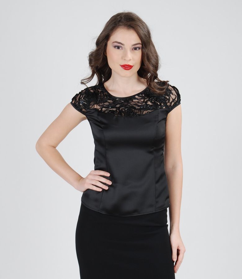 Satin blouse with lace trim