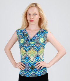 Printed jersey cowl neck top