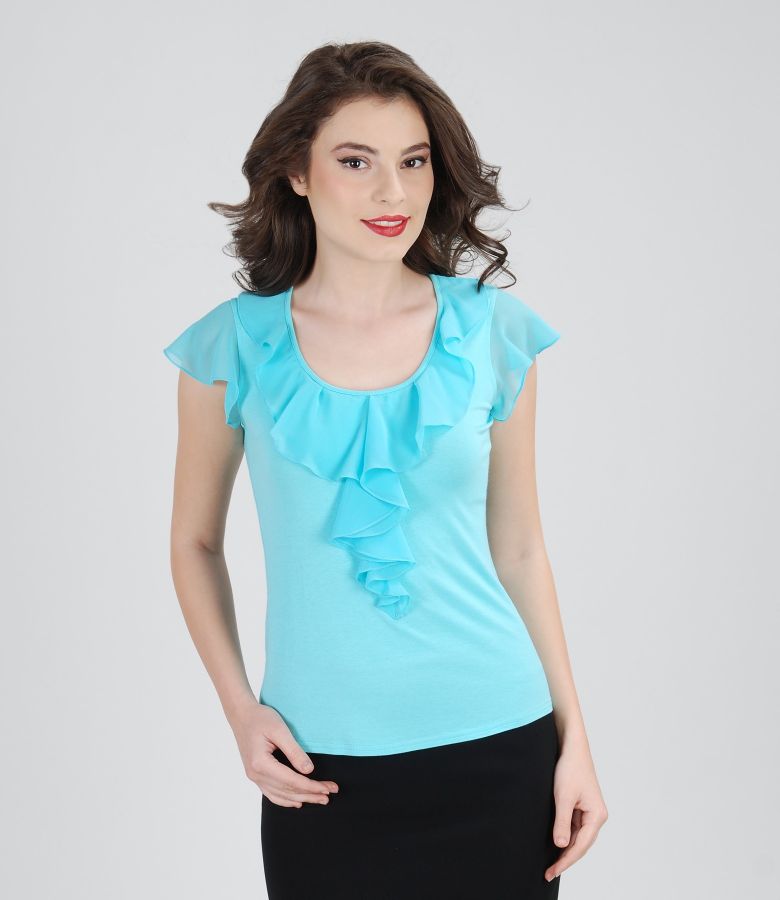 Jersey tshirt with jabot and veil sleeves aqua blue YOKKO