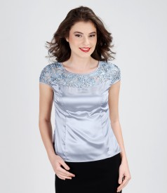 Satin blouse with lace trim