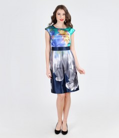 Printed elastic satin dress with folds