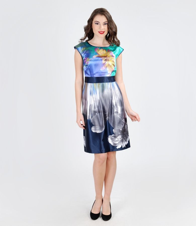 Printed elastic satin dress with folds