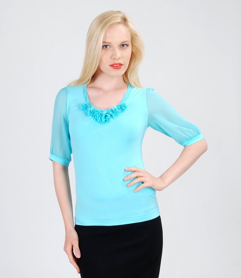 Jersey T shirt With Veil Flowers Aqua Blue YOKKO