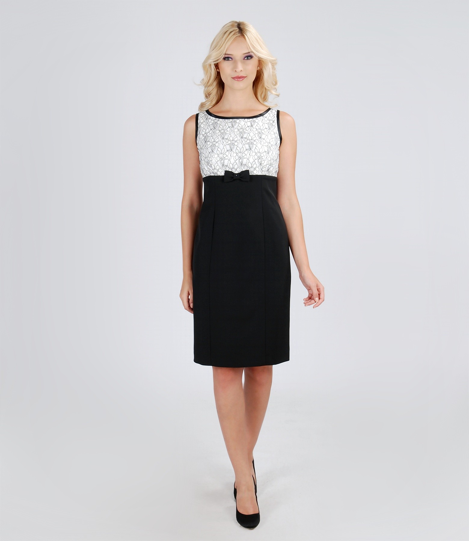 Elegant dress with lace trim white-ivory-black - YOKKO