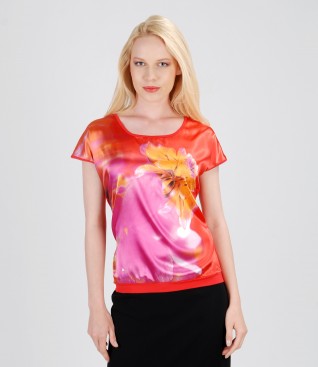 Elastic jersey blouse with printed elastic satin front