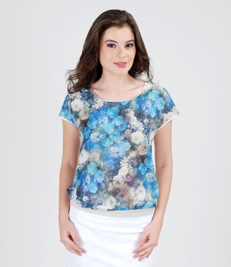 Elastic jersey blouse with printed veil front