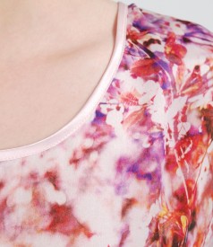 Elastic jersey blouse with printed silk front