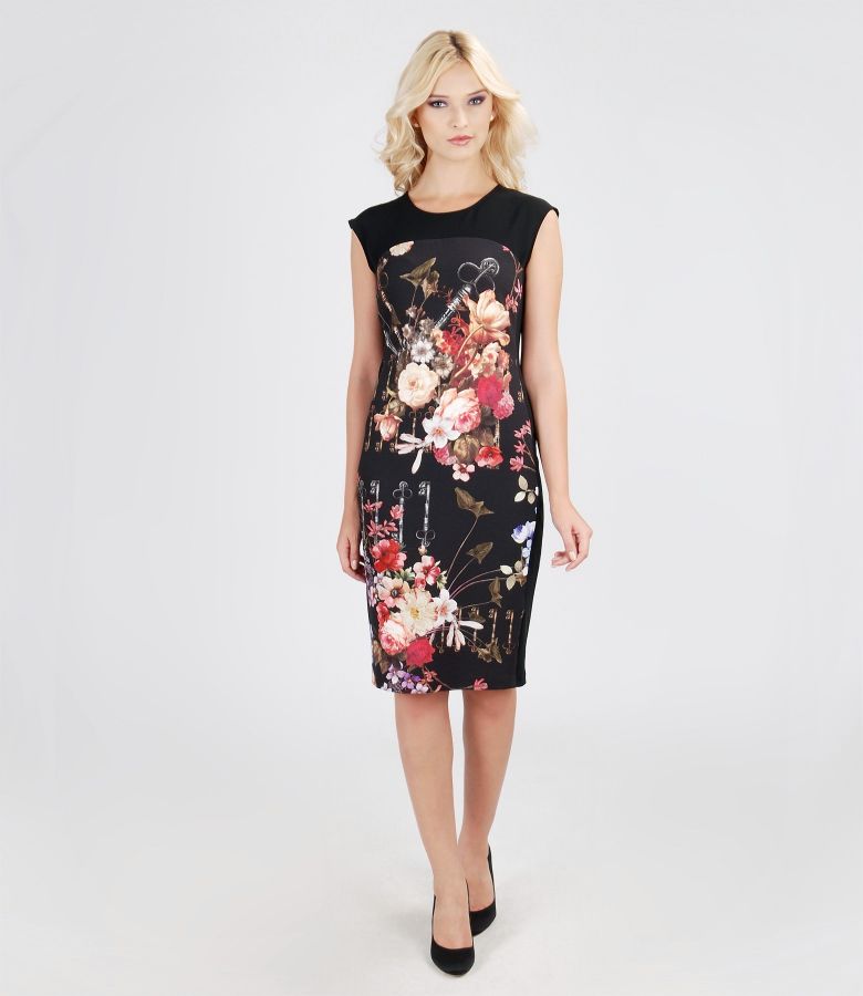 Elegant dress from elastic fabric with floral insertion