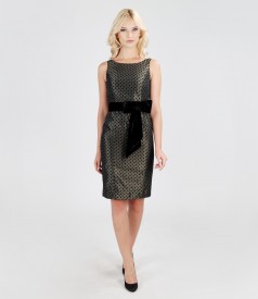 Khaki taffeta dress with dots and velvet cord