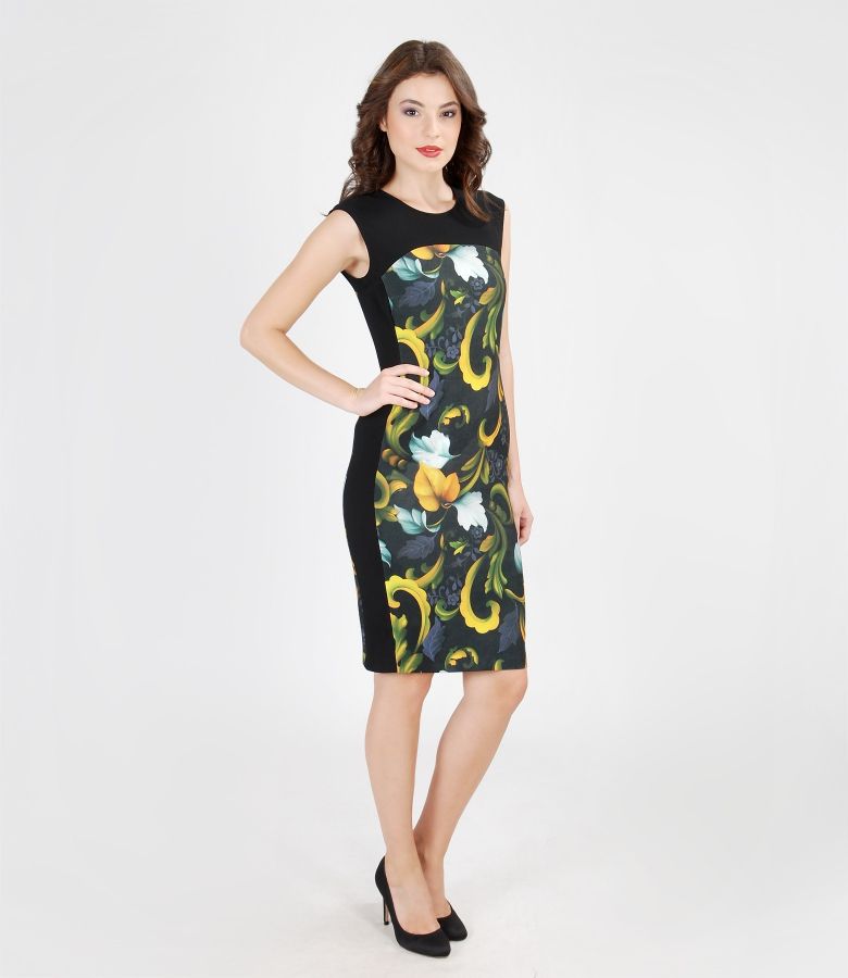 Elegant dress from elastic fabric with floral insertion