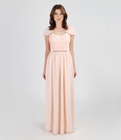 Long evening dress from veil and satin with crystals trim