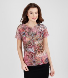 Printed elastic jersey t-shirt with puckered shoulders