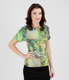 Printed elastic jersey t-shirt with puckered shoulders