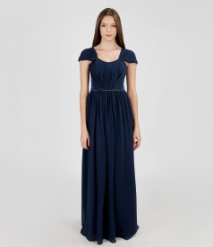 Long evening dress from veil and satin with crystals trim