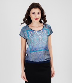 Elastic jersey blouse with printed veil front