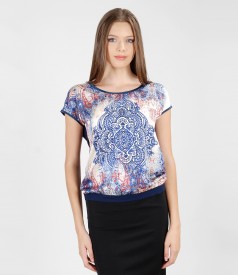 Elastic jersey blouse with printed veil front