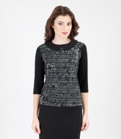 Printed elastic jersey blouse with collar