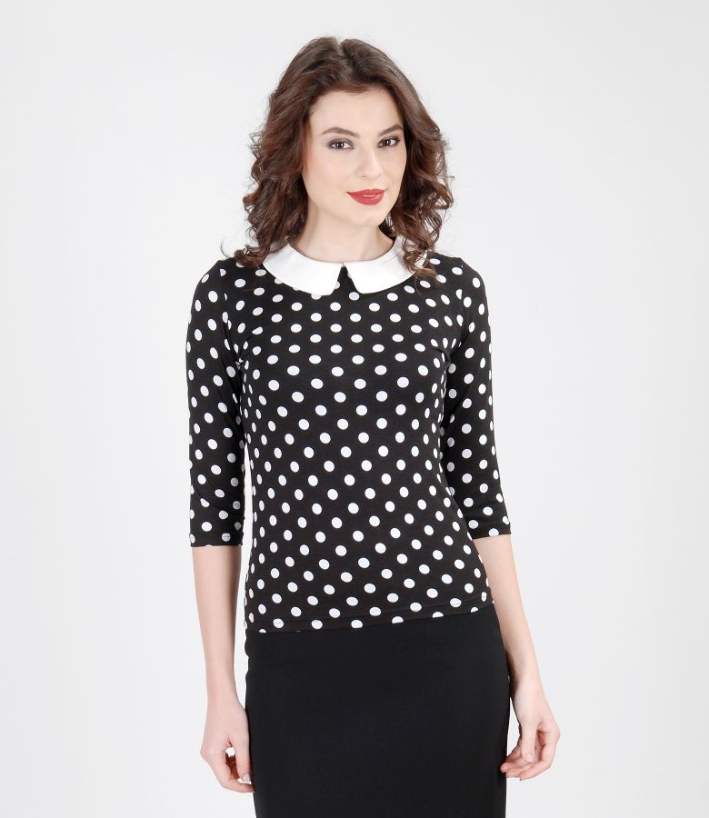 Elastic jersey printed blouse with collar