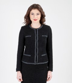 Black jacket from wool and alpaca loops with trim