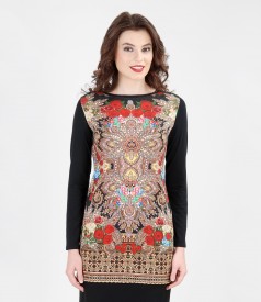 Printed elastic jersey blouse with angora