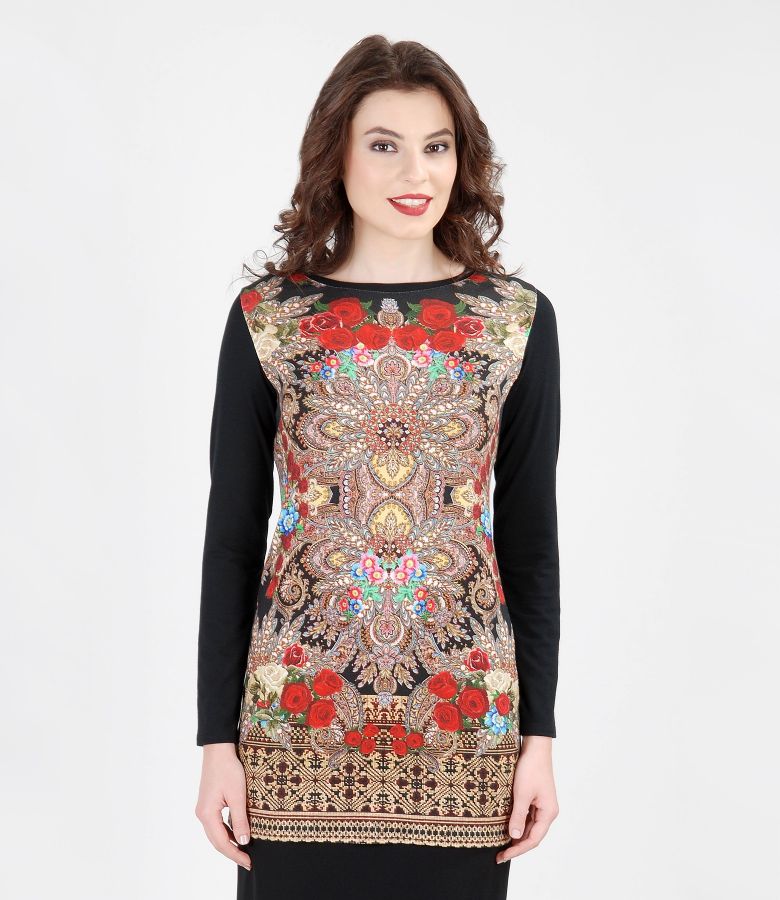 Printed elastic jersey blouse with angora