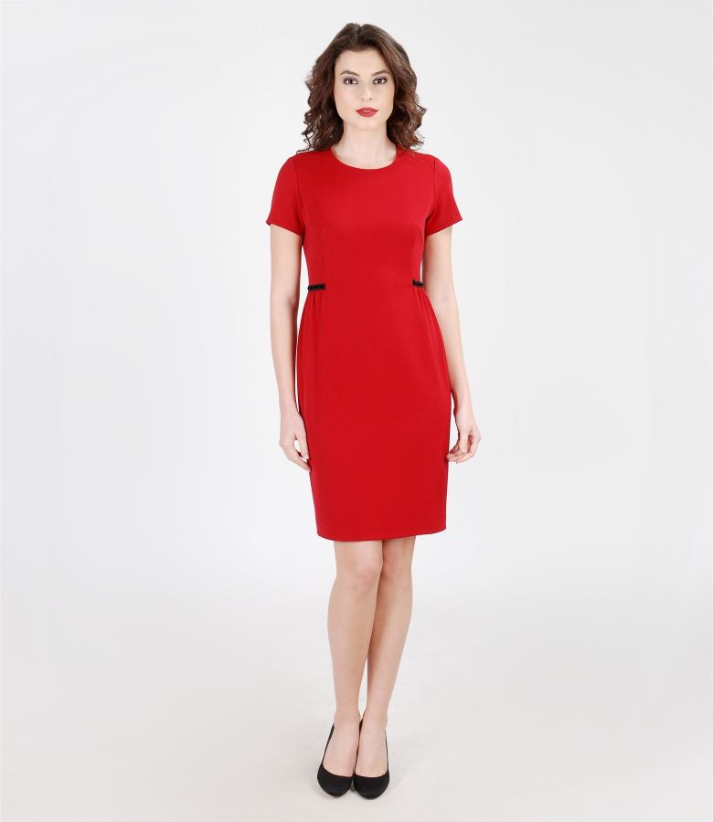Elastic fabric dress with folds and velvet trim raspberry red - YOKKO