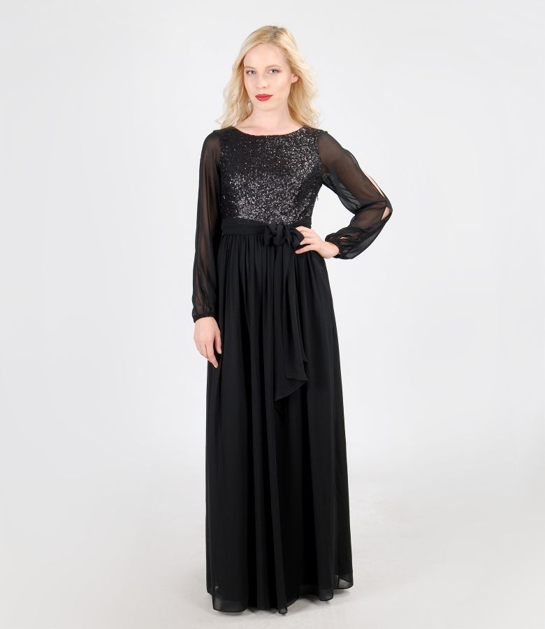 Long evening veil dress with sequins trim black - YOKKO