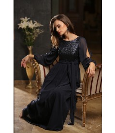 Long evening veil dress with sequins trim