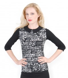 Printed elastic jersey blouse with collar