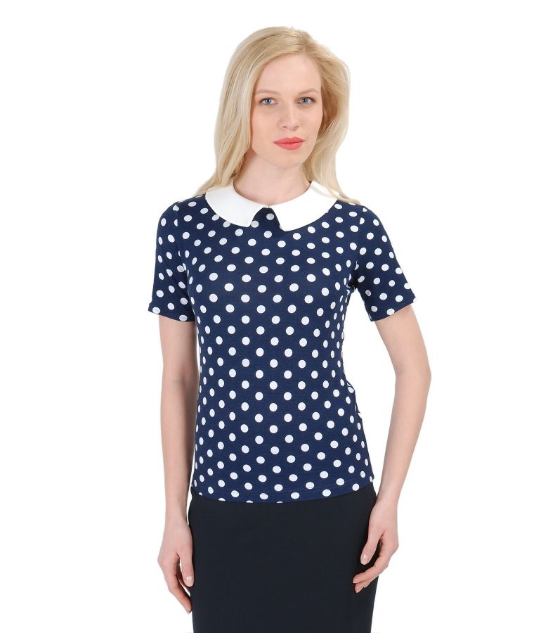 Elastic jersey printed blouse with collar