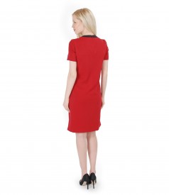 Elastic fabric dress with pockets and velvet trim