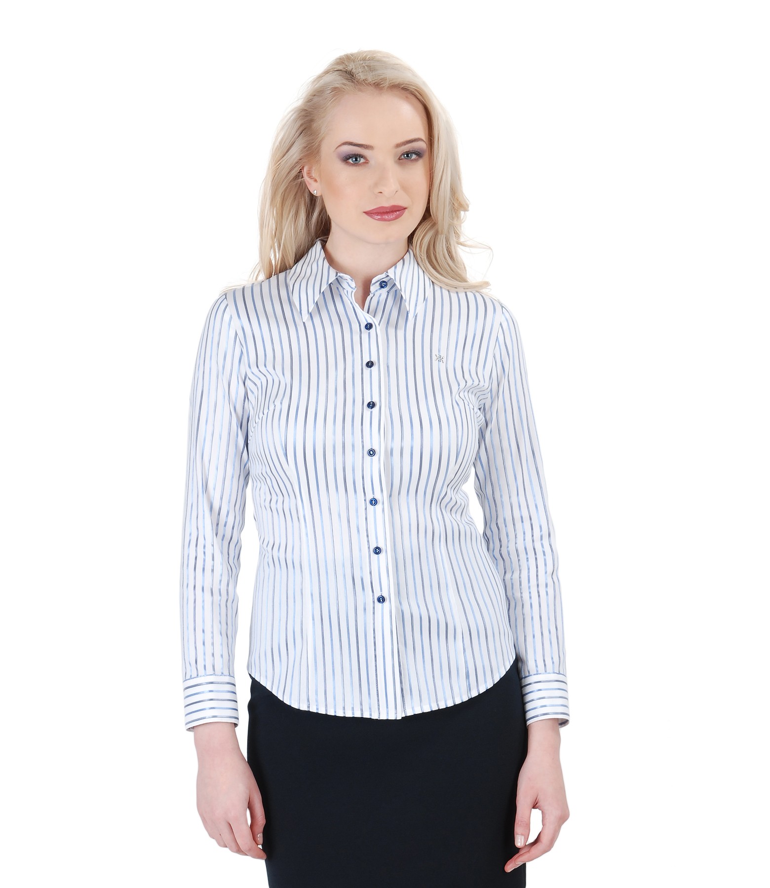 Elastic cotton shirt with satin stripes whiteblue YOKKO