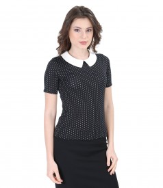 Elastic jersey printed blouse with collar