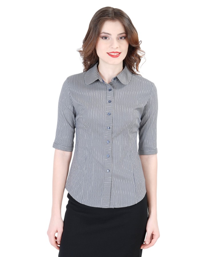 Elastic cotton blouse with satin stripes greydark blue YOKKO