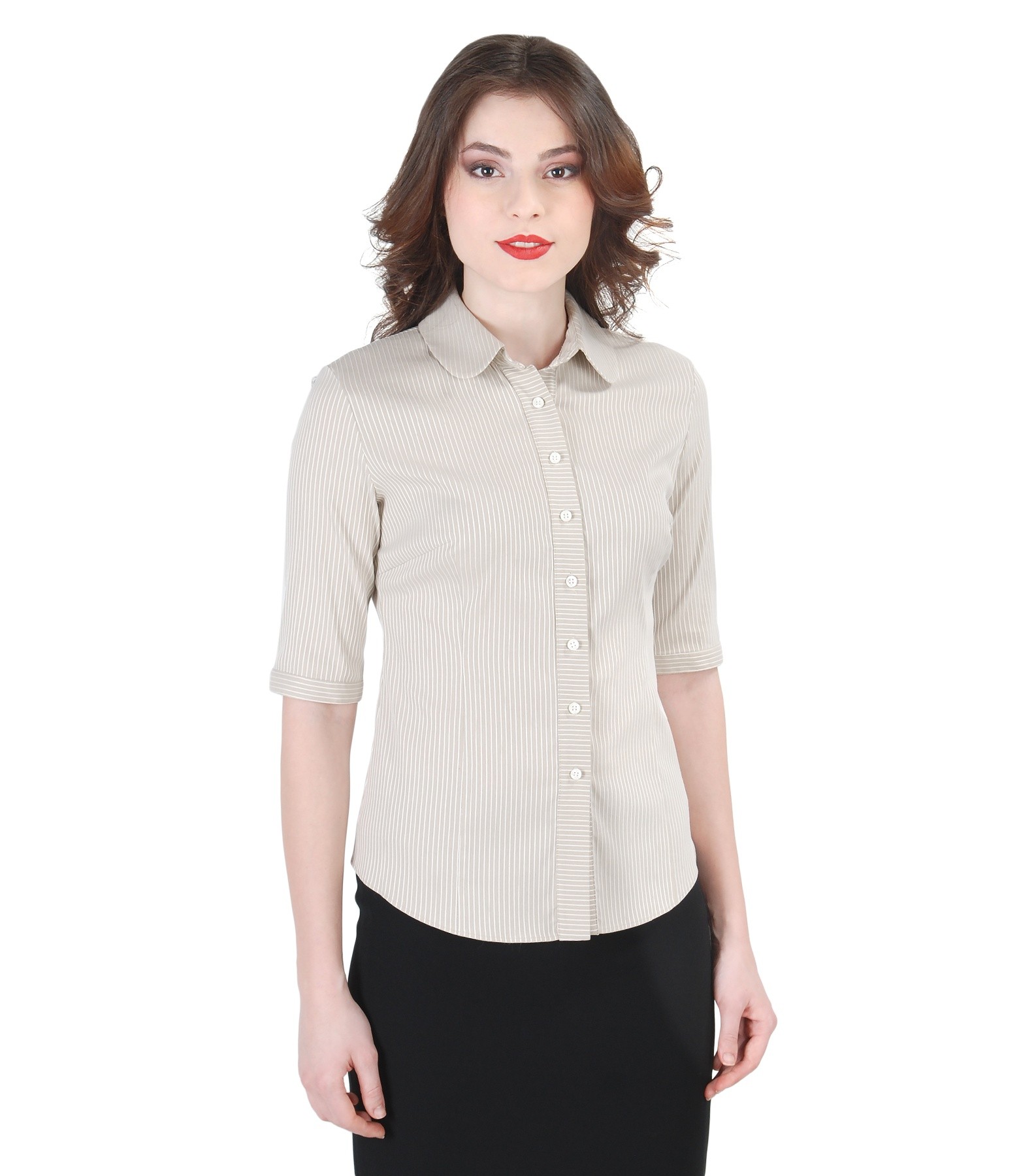 Elastic cotton blouse with satin stripes beige - YOKKO