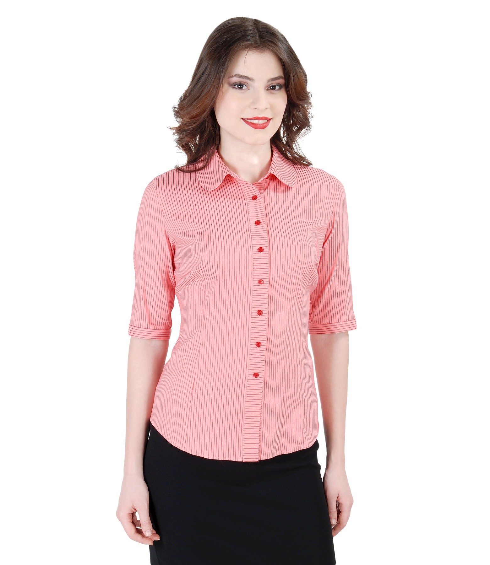 Elastic cotton blouse with satin stripes pink YOKKO