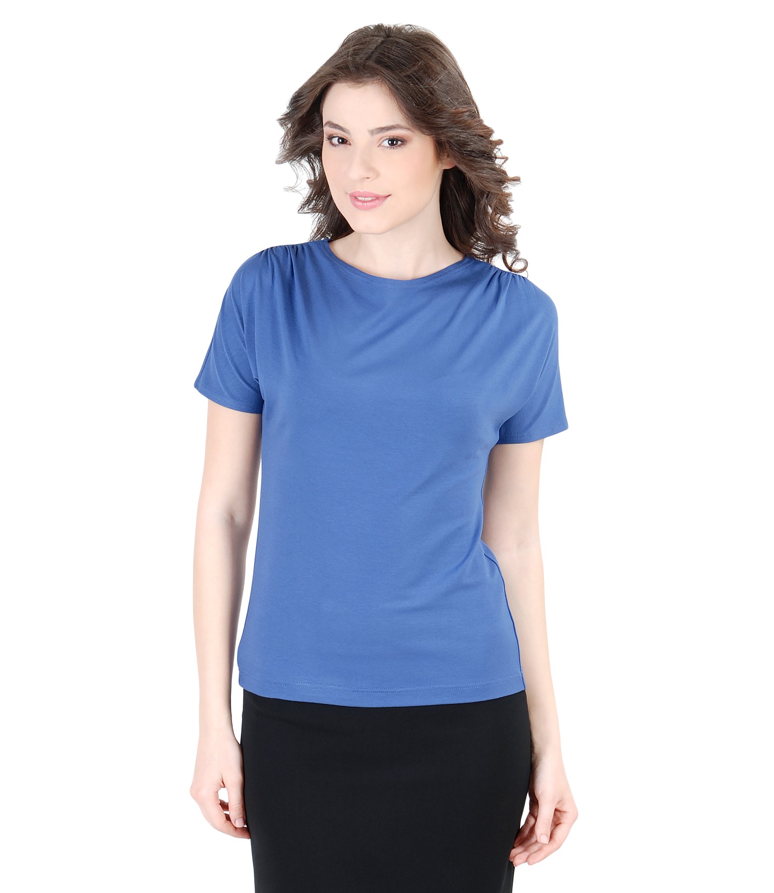 Elastic jersey t-shirt with wrinkled shoulders metallic blue - YOKKO