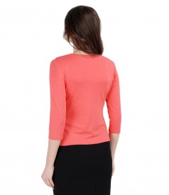 Coral red jersey blouse tied with cord