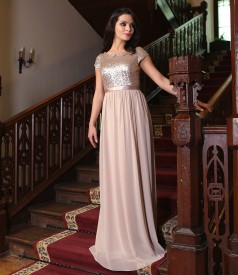Long evening chiffon dress with sequin trim