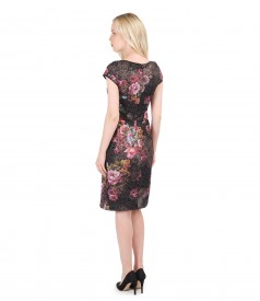 Elegant dress from multicolored elastic brocade with metallic thread