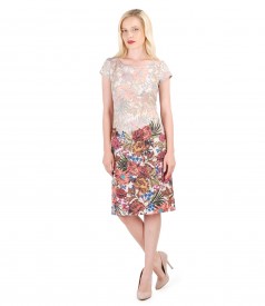 Elegant dress from multicolored elastic brocade with metallic thread