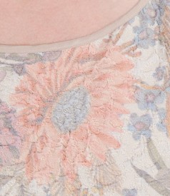 Elegant dress from multicolored elastic brocade with metallic thread