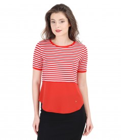 Red-white elastic jersey blouse