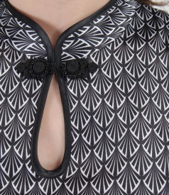 Short evening printed elastic satin dress with brandemburg