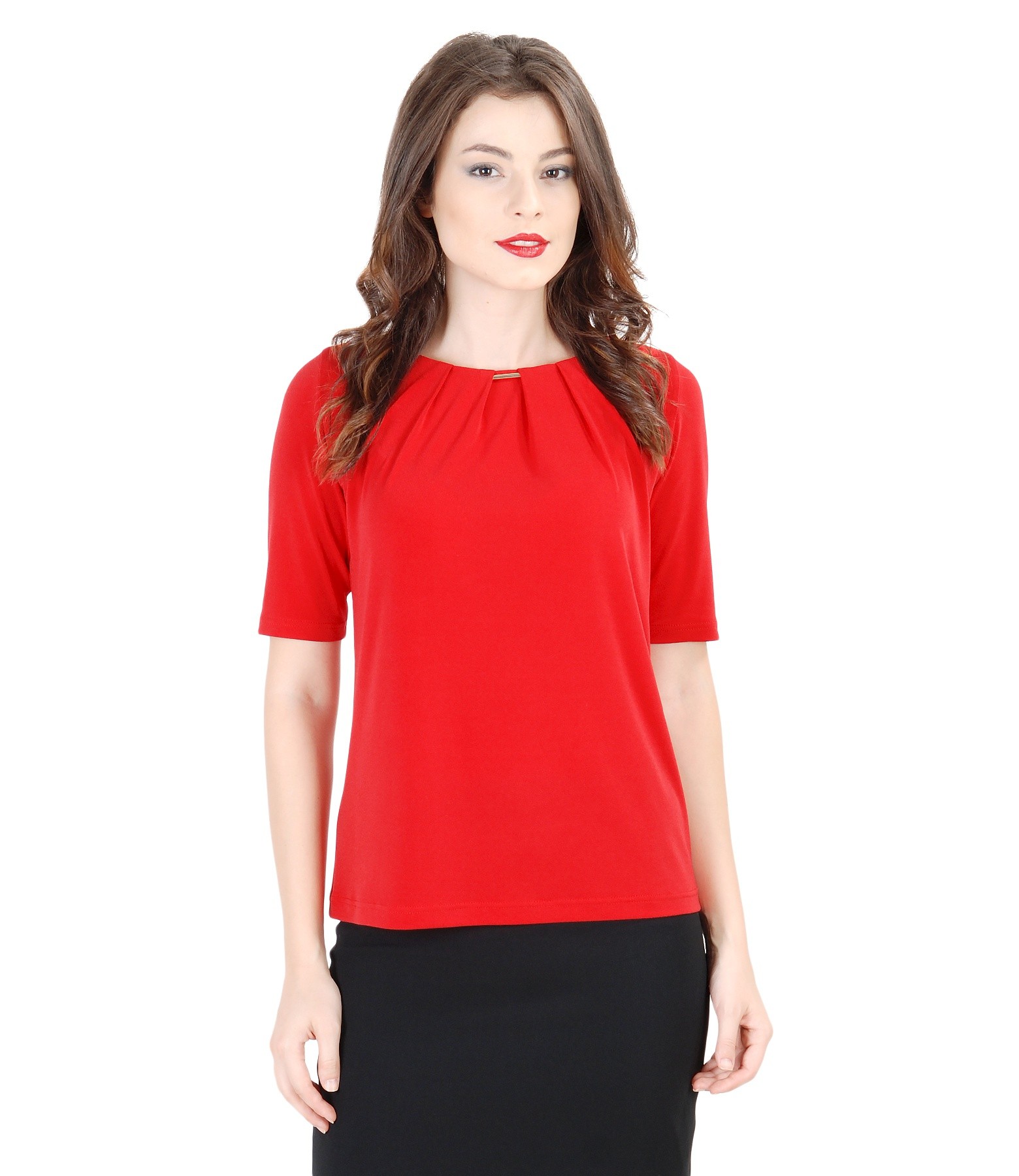 Uni jersey blouse with folds and trim red YOKKO