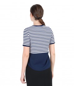 White-navy blue elastic jersey blouse with basque