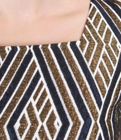 Short elastic brocade evening dress with metal thread